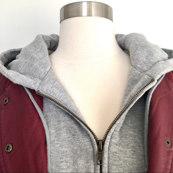 Faux Leather Moto Bomber Jacket Hoodie Red Grey - Picture 2 of 10